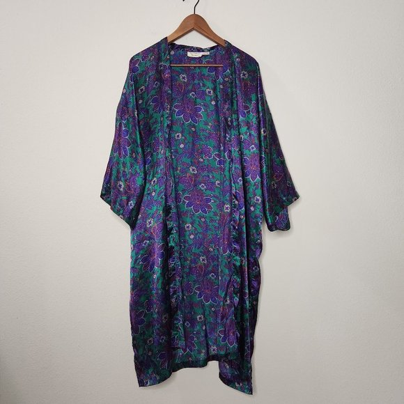 VTG Victoria's Secret OS Satin Purple Blue Floral Kimono Robe 3/4 Sleeve - Picture 1 of 5